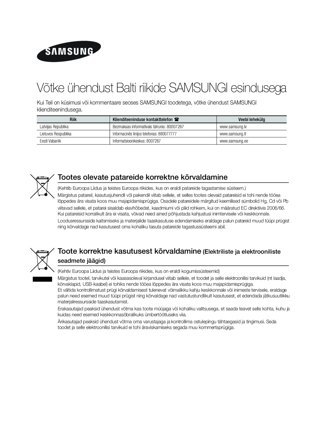 Samsung MX-J630/EN, MX-J730/EN manual Võtke ühendust Balti riikide Samsungi esindusega, Seadmete jäägid 