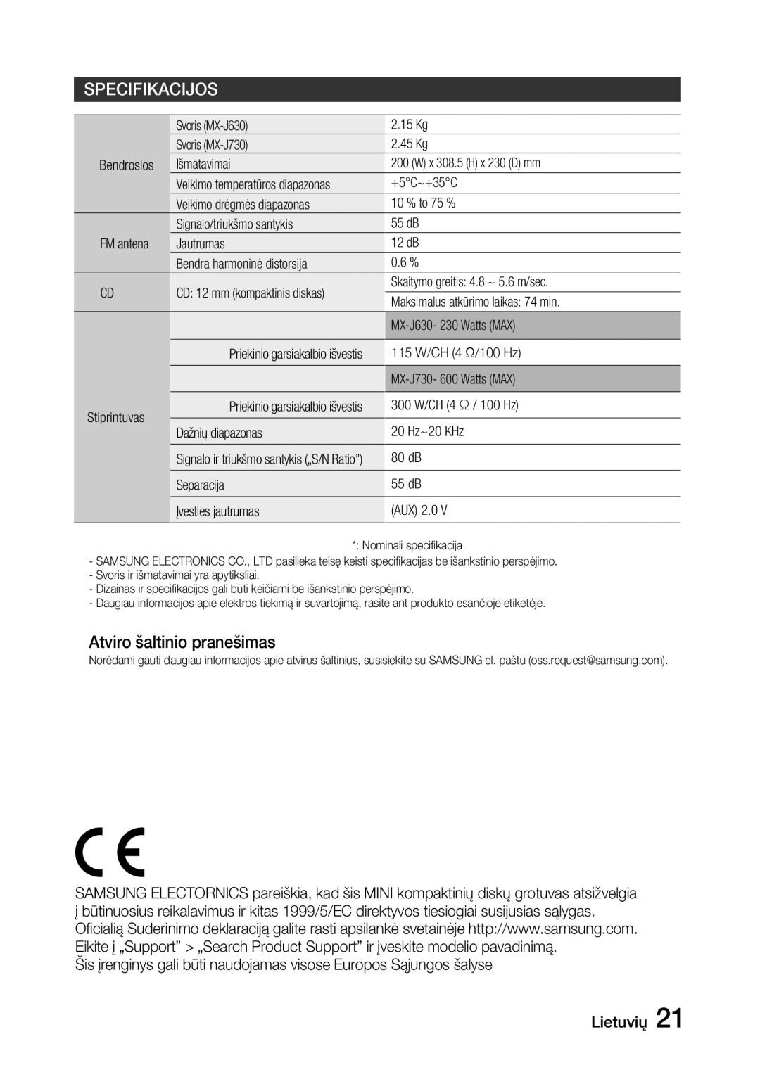 Samsung MX-J730/EN, MX-J630/EN manual Atviro šaltinio pranešimas 