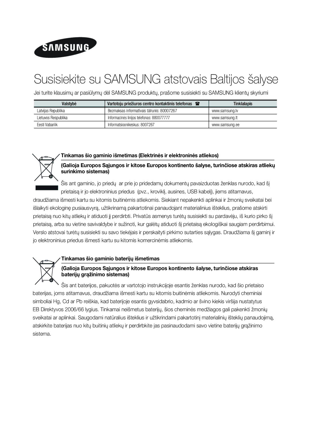 Samsung MX-J630/EN, MX-J730/EN manual Susisiekite su Samsung atstovais Baltijos šalyse 