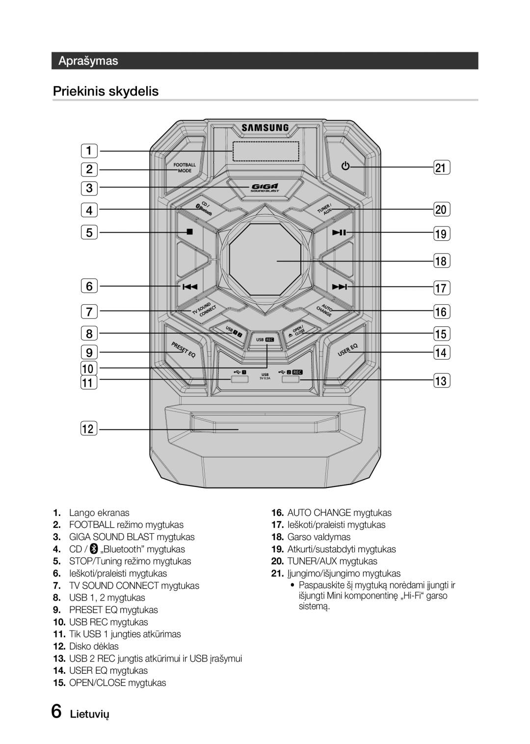 Samsung MX-J630/EN, MX-J730/EN manual Priekinis skydelis, Aprašymas 