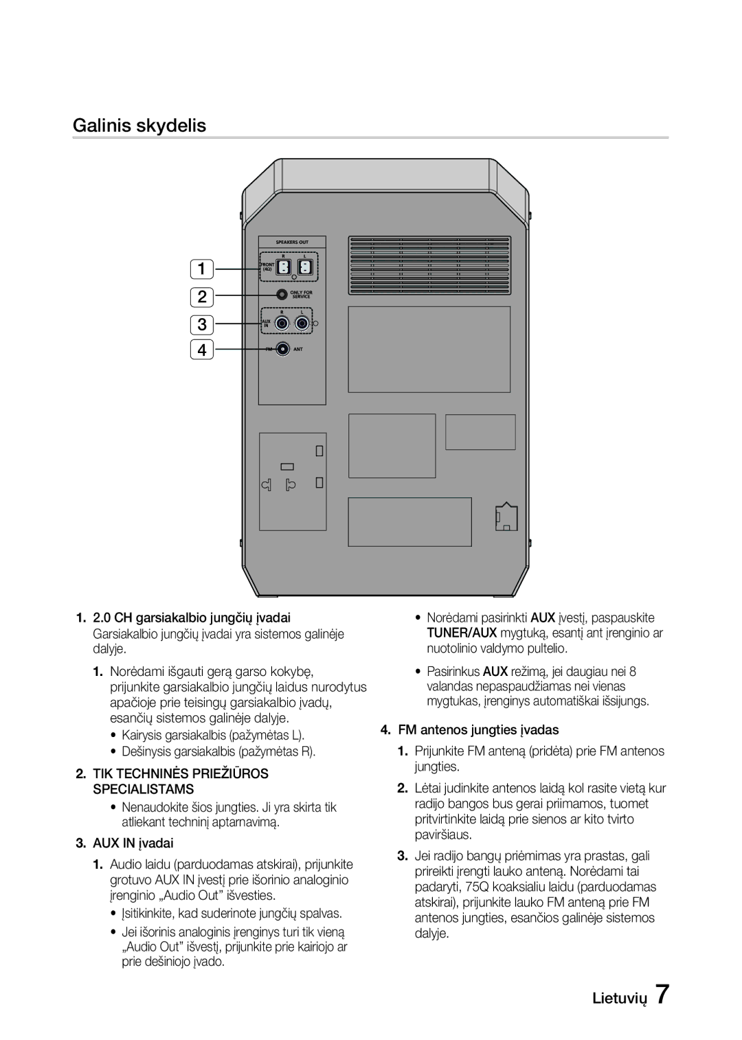 Samsung MX-J730/EN, MX-J630/EN manual TIK Techninės Priežiūros Specialistams, AUX in įvadai 