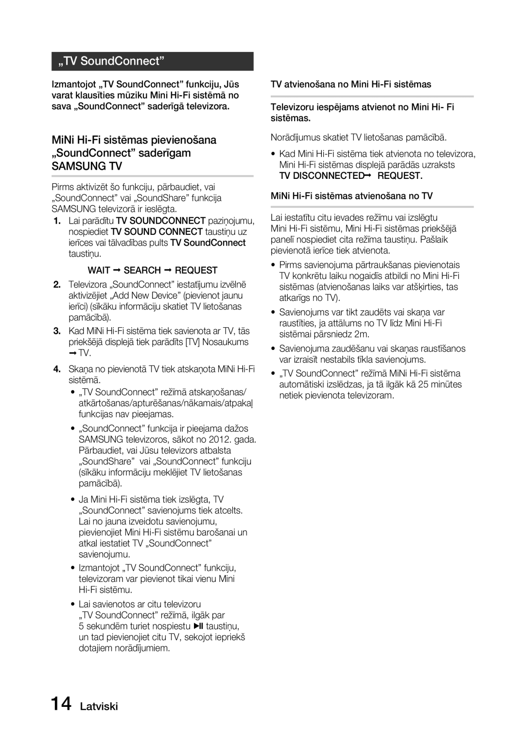 Samsung MX-J630/EN „TV SoundConnect, Wait Search Request, TV Disconnected Request, MiNi Hi-Fi sistēmas atvienošana no TV 