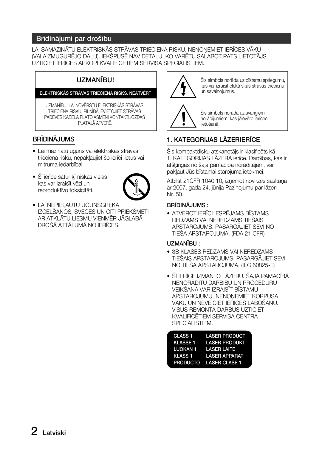 Samsung MX-J630/EN manual Brīdinājumi par drošību, Šis kompaktdisku atskaņotājs ir klasiﬁcēts kā, Brīdinājums, Uzmanību 