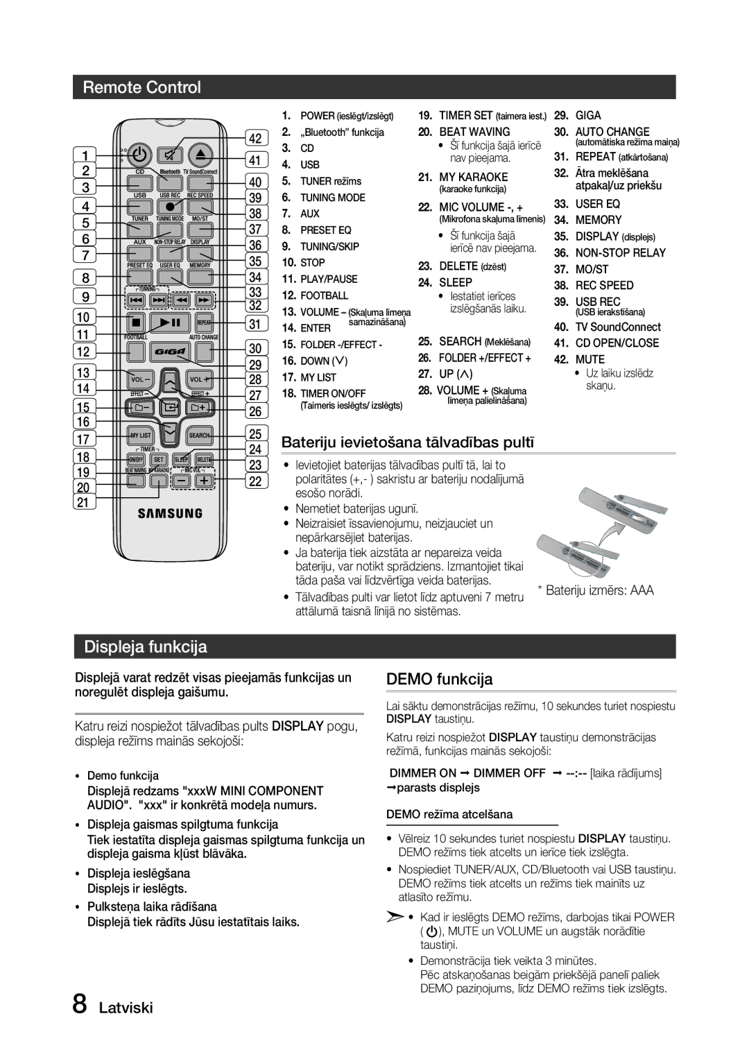 Samsung MX-J630/EN, MX-J730/EN manual Remote Control, Displeja funkcija, Demo funkcija 