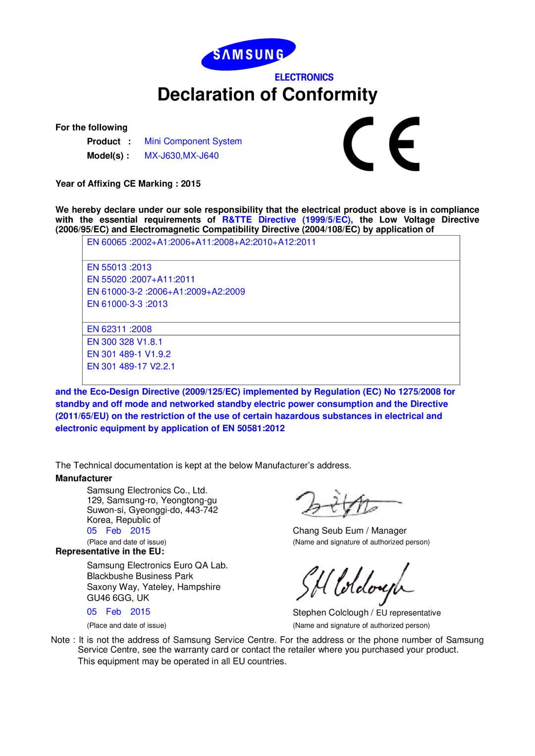 Samsung MX-J730/ZF, MX-J630/EN manual Declaration of Conformity, For the following, Manufacturer, Representative in the EU 