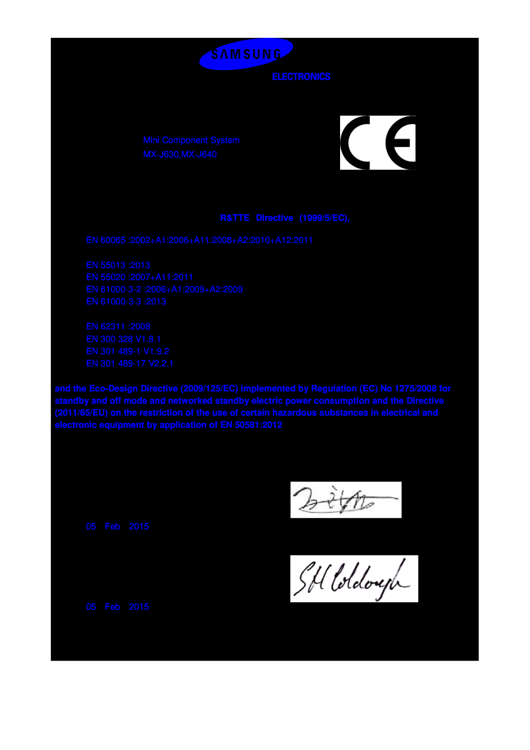 Samsung MX-J730/ZF manual Declaration of Conformity, For the following, Year of Affixing CE Marking, Manufacturer, 05 Feb 