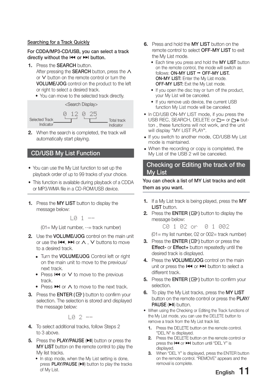 Samsung MX-J730/ZF manual CD/USB My List Function, Checking or Editing the track My List, Pause p button, Search Display 