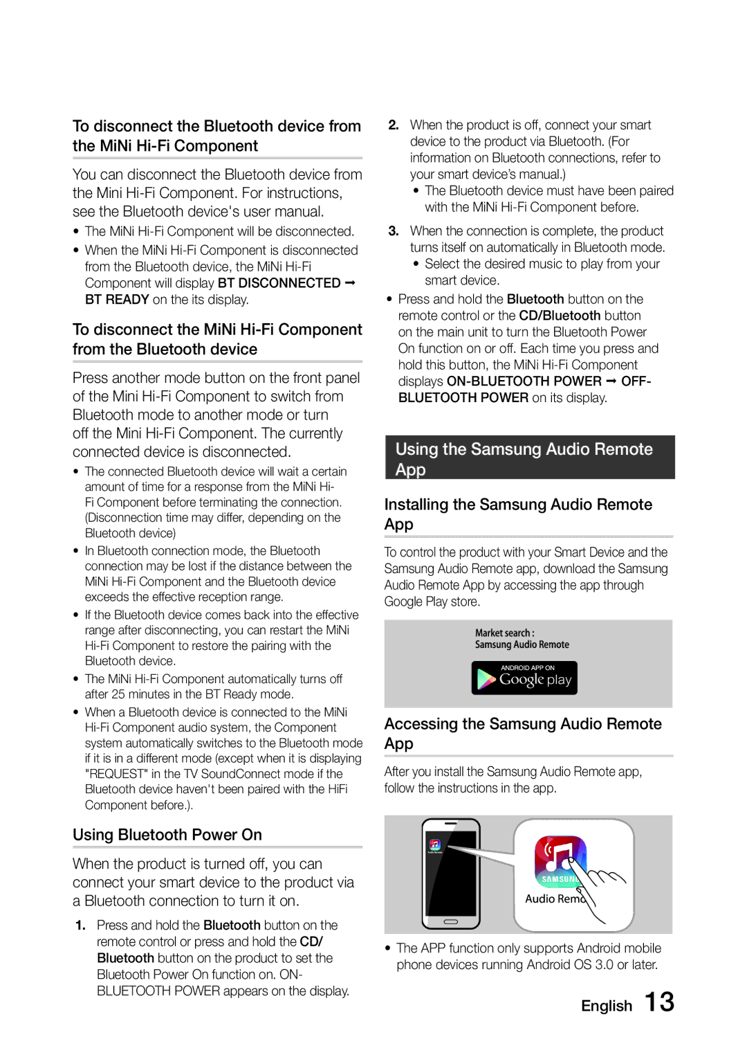 Samsung MX-J730/EN Using Bluetooth Power On, Using the Samsung Audio Remote App, Installing the Samsung Audio Remote App 