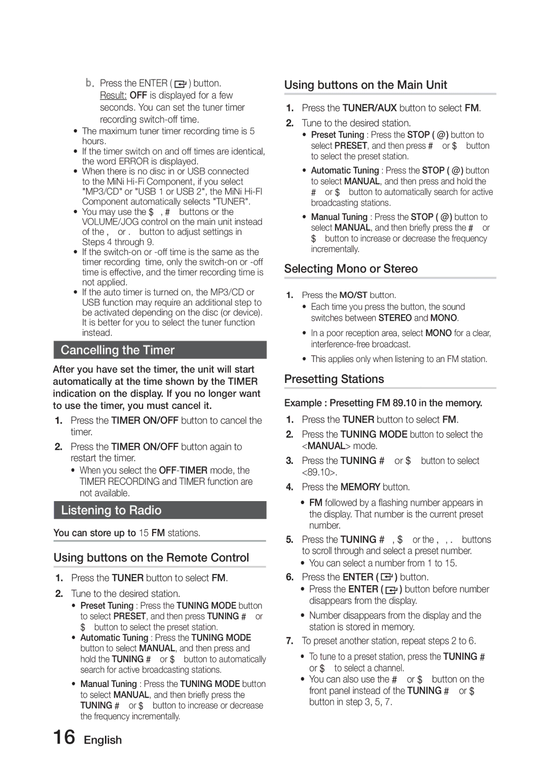 Samsung MX-J730/ZF, MX-J630/EN, MX-J630/ZF, MX-J730/EN, MX-J730/XN manual Cancelling the Timer, Listening to Radio 