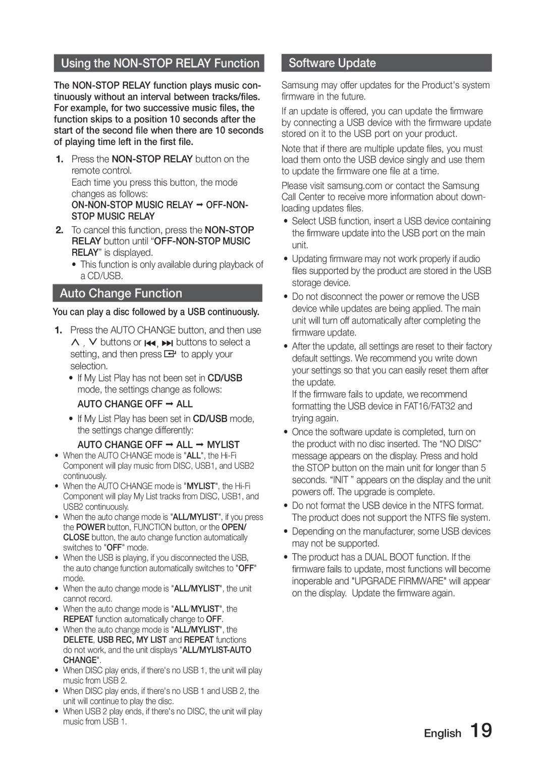 Samsung MX-J730/XN, MX-J630/EN, MX-J730/ZF manual Using the NON-STOP Relay Function, Auto Change Function, Software Update 