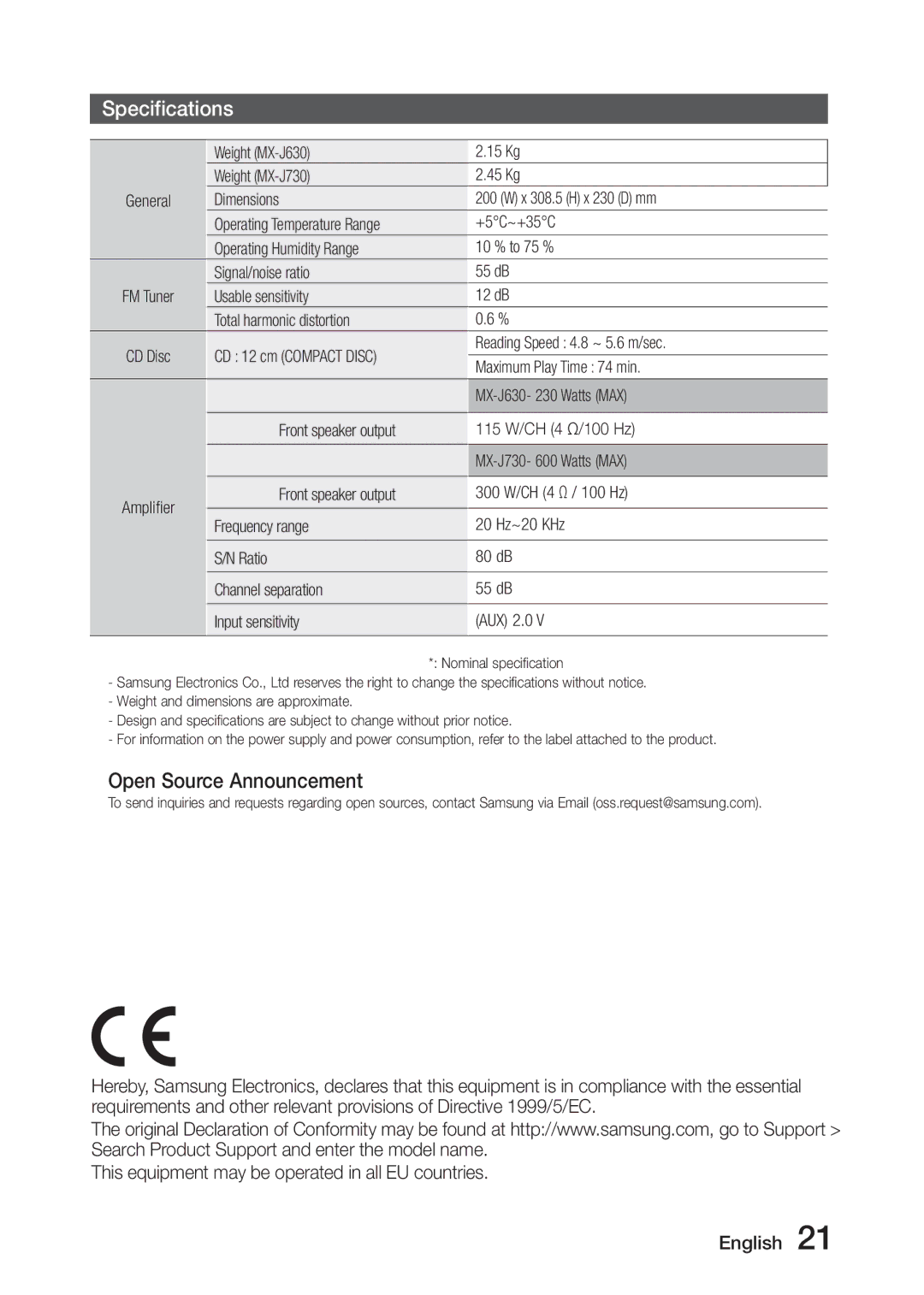 Samsung MX-J730/ZF, MX-J630/EN manual Specifications, Open Source Announcement, Weight MX-J630 15 Kg Weight MX-J730 45 Kg 