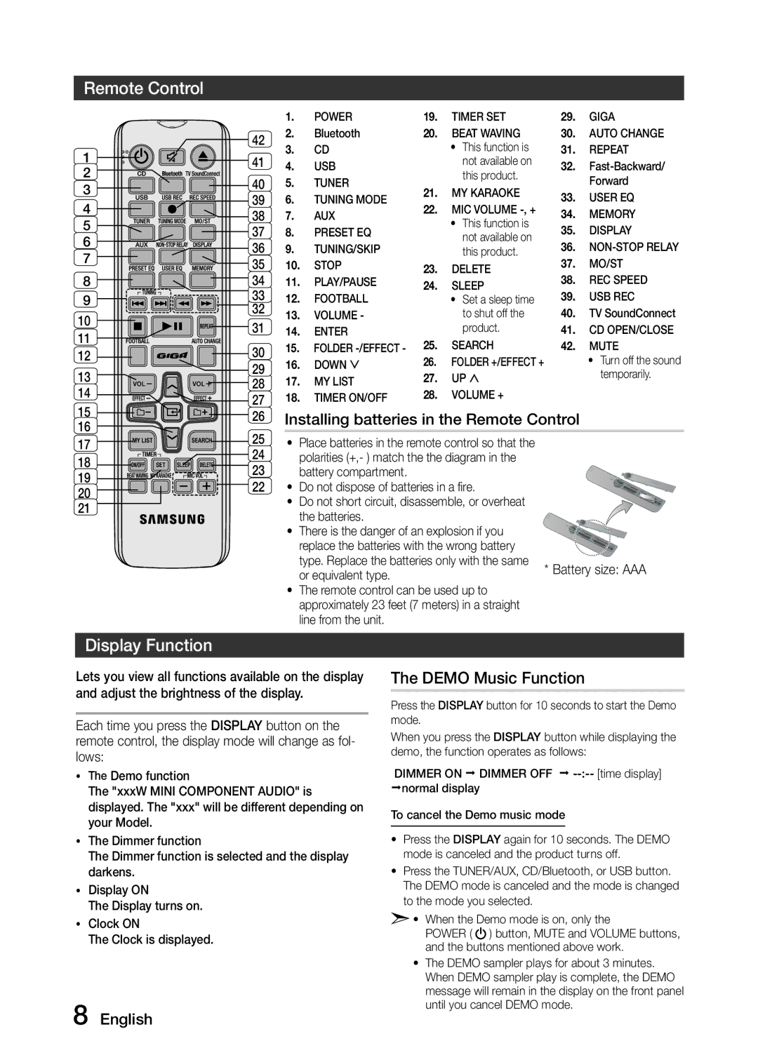 Samsung MX-J730/EN, MX-J630/EN, MX-J730/ZF, MX-J630/ZF, MX-J730/XN manual Remote Control, Display Function, Demo Music Function 