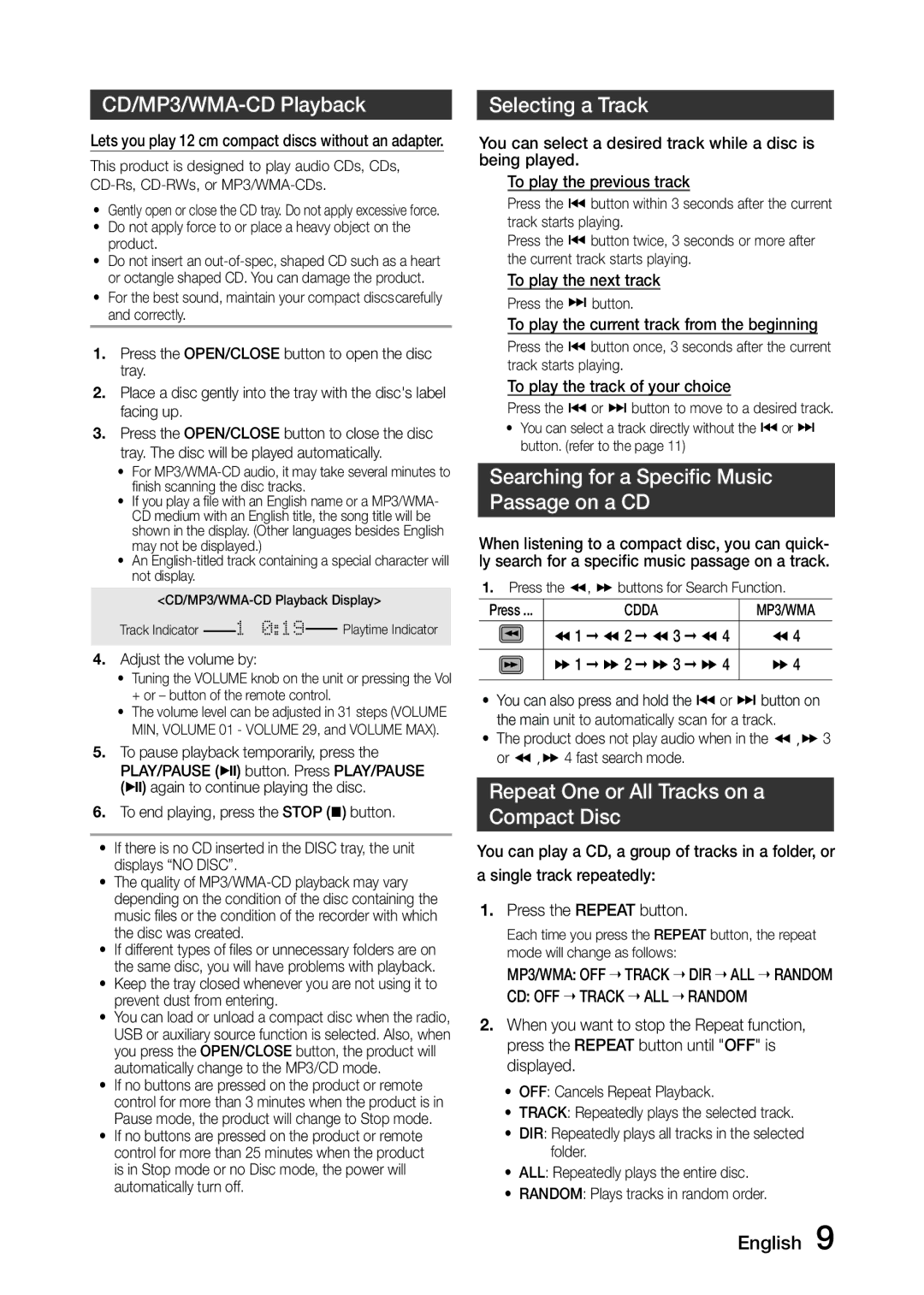 Samsung MX-J730/XN, MX-J630/EN CD/MP3/WMA-CD Playback, Selecting a Track, Searching for a Specific Music Passage on a CD 