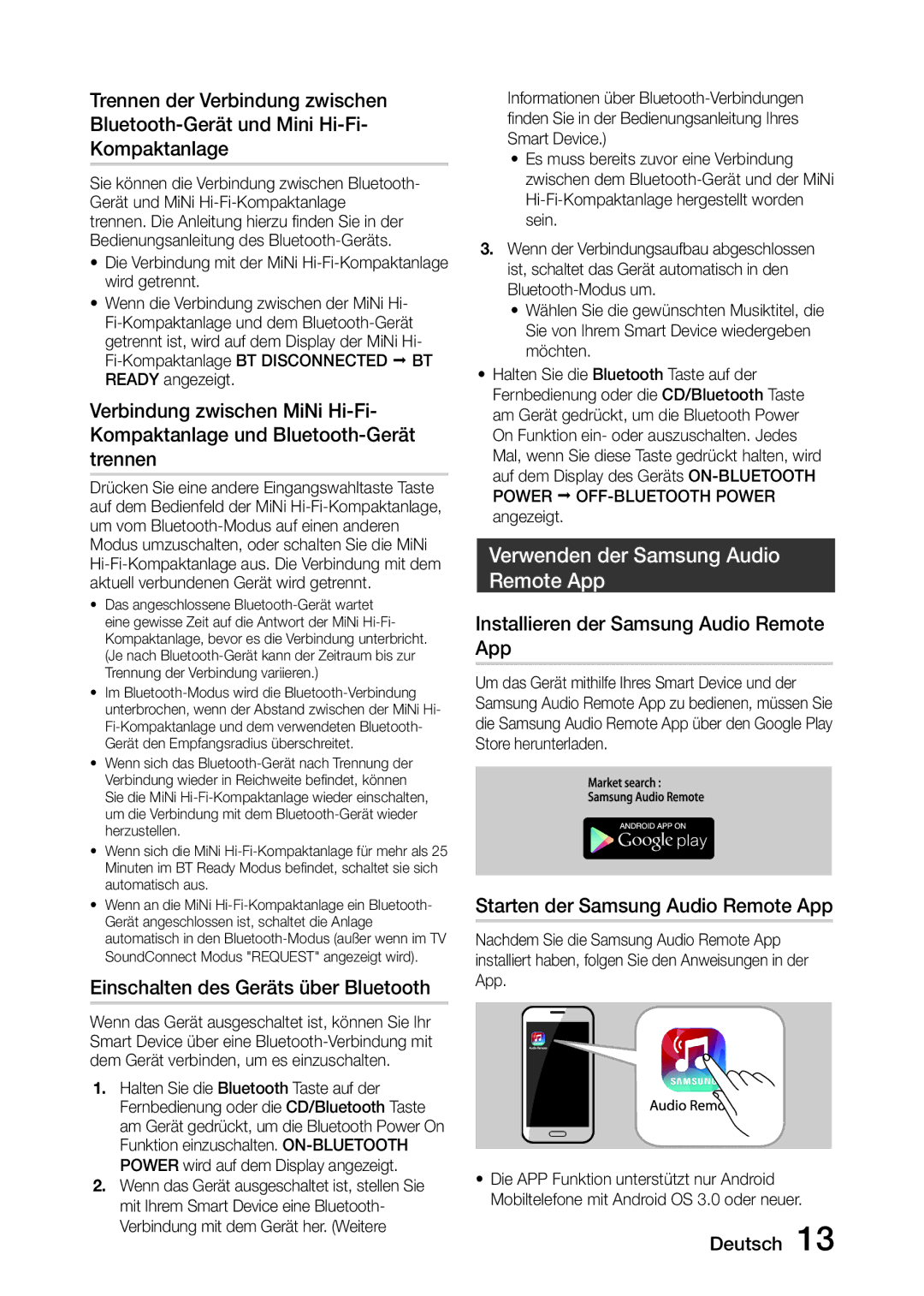 Samsung MX-J730/ZF, MX-J630/EN manual Einschalten des Geräts über Bluetooth, Verwenden der Samsung Audio Remote App 