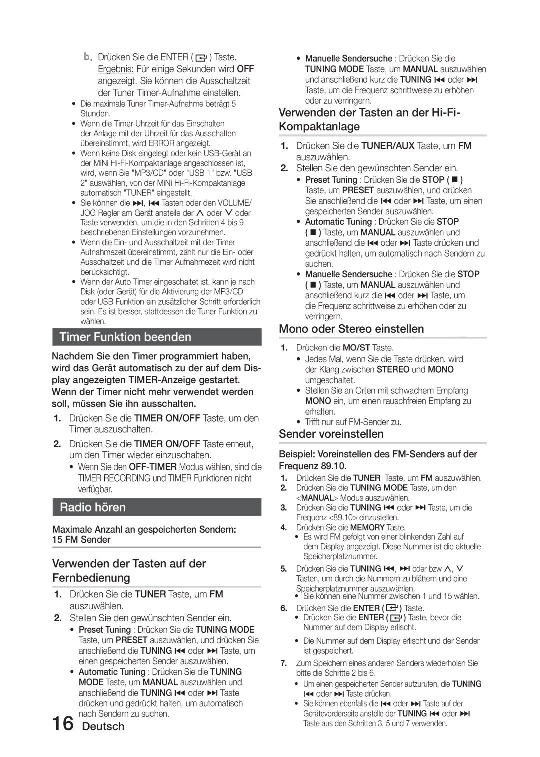 Samsung MX-J630/EN, MX-J730/ZF manual Timer Funktion beenden, Radio hören 