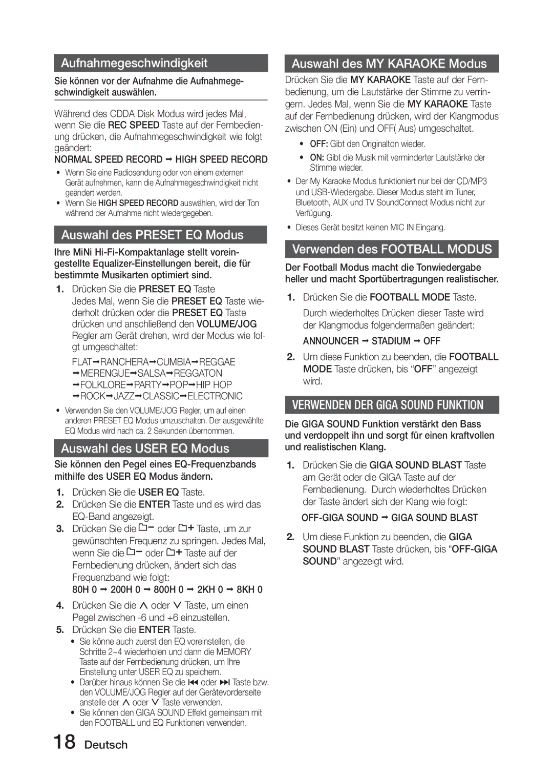 Samsung MX-J630/EN, MX-J730/ZF manual Aufnahmegeschwindigkeit, Auswahl des Preset EQ Modus, Auswahl des User EQ Modus 