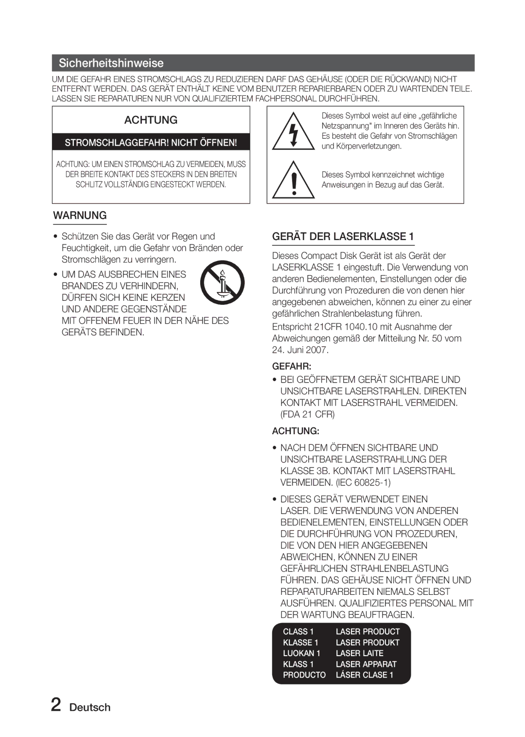 Samsung MX-J630/EN, MX-J730/ZF manual Sicherheitshinweise, Achtung 