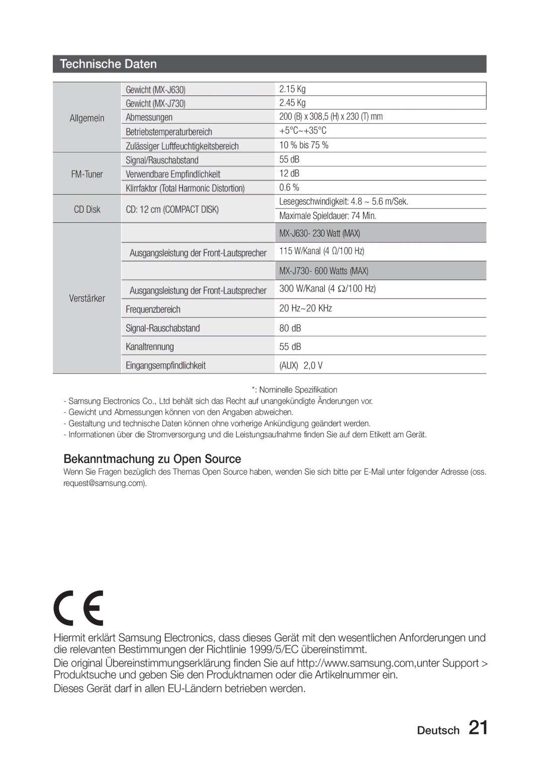 Samsung MX-J730/ZF, MX-J630/EN manual Technische Daten, Bekanntmachung zu Open Source 