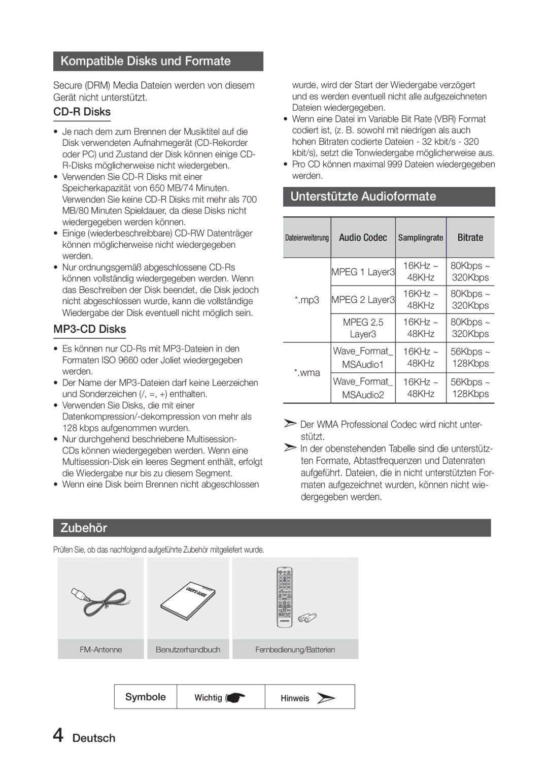 Samsung MX-J630/EN, MX-J730/ZF manual Kompatible Disks und Formate, Unterstützte Audioformate, Zubehör 