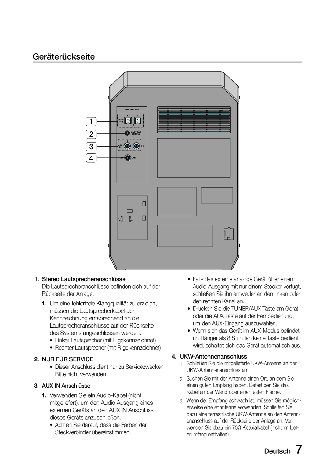 Samsung MX-J730/ZF NUR FÜR Service, AUX in Anschlüsse, UKW-Antennenanschluss, Linker Lautsprecher mit L gekennzeichnet 