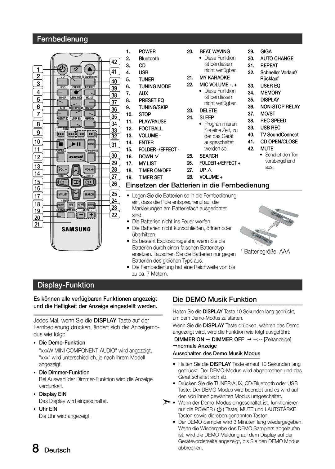 Samsung MX-J630/EN, MX-J730/ZF manual Fernbedienung, Display-Funktion, Die Demo Musik Funktion 