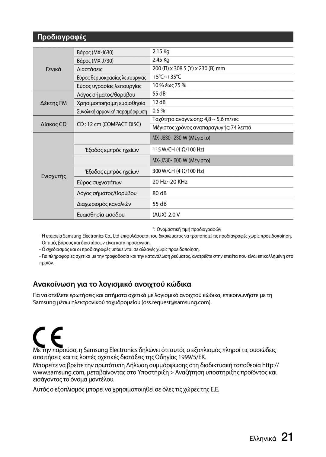 Samsung MX-J630/EN manual Προδιαγραφές, Ανακοίνωση για το λογισμικό ανοιχτού κώδικα 