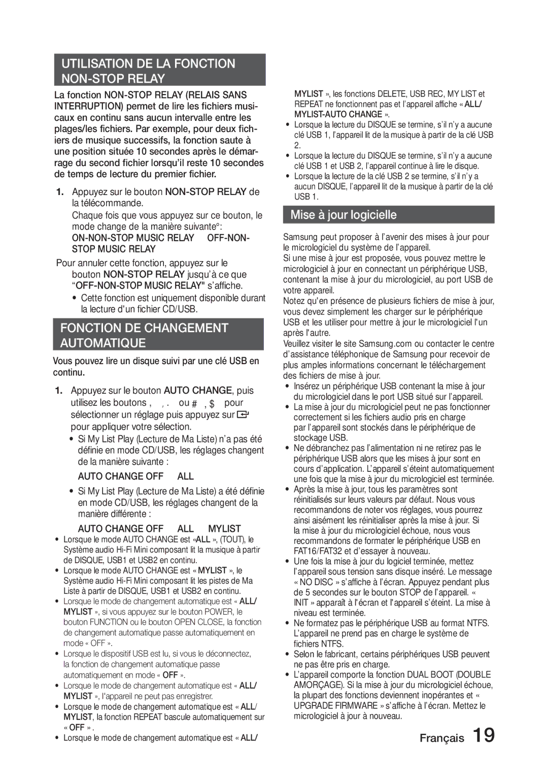 Samsung MX-J630/ZF Mise à jour logicielle, Appuyez sur le bouton NON-STOP Relay de la télécommande, Auto Change OFF ALL 