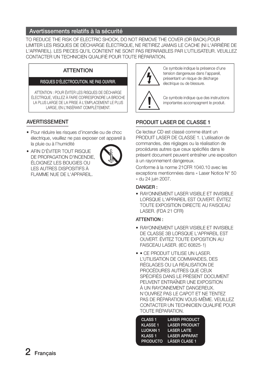 Samsung MX-J730/ZF, MX-J630/ZF manual Avertissements relatifs à la sécurité, Risques DÉLECTROCUTION. NE PAS Ouvrir 