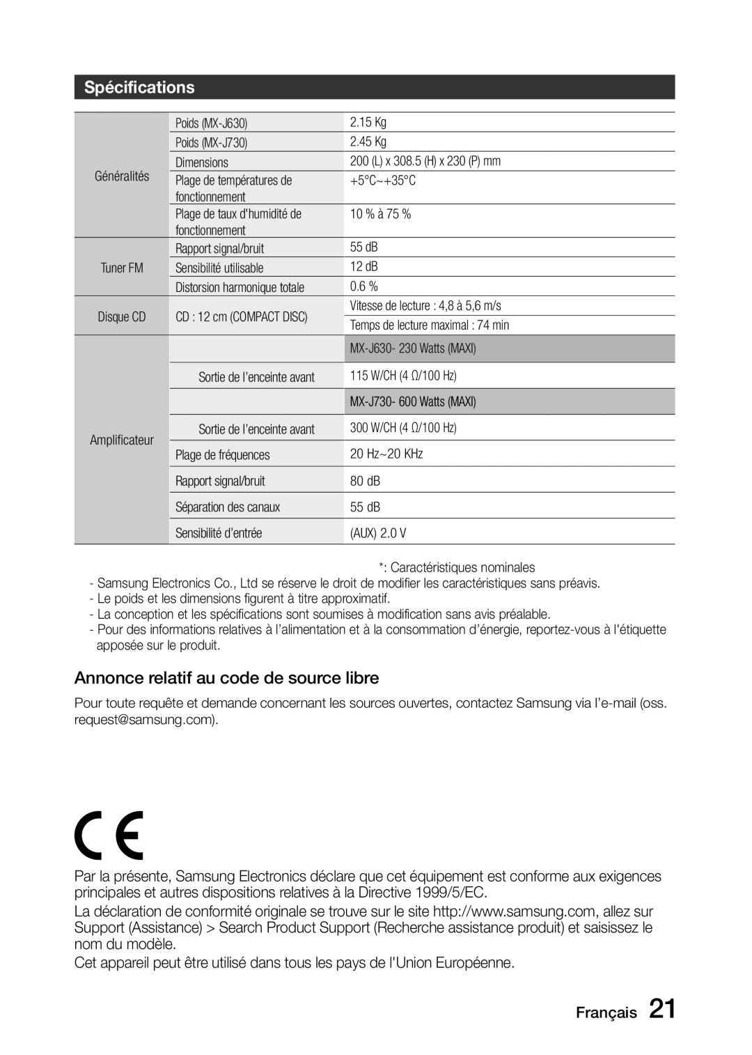 Samsung MX-J630/ZF, MX-J730/ZF manual Annonce relatif au code de source libre 