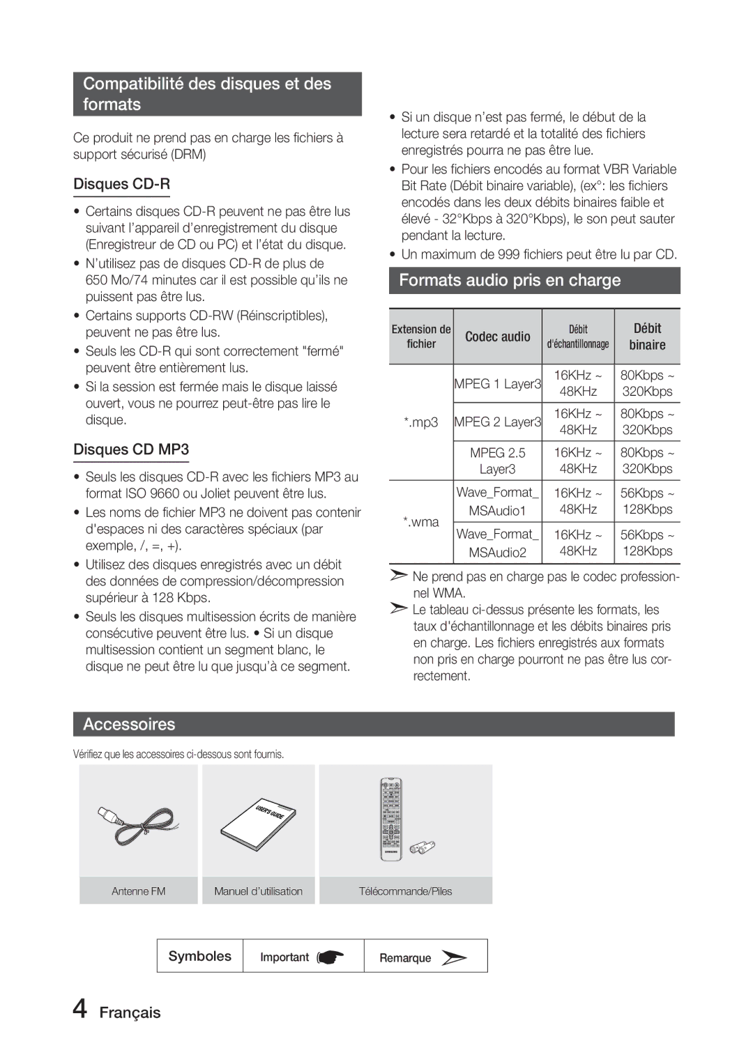 Samsung MX-J730/ZF, MX-J630/ZF manual Compatibilité des disques et des formats, Formats audio pris en charge, Accessoires 