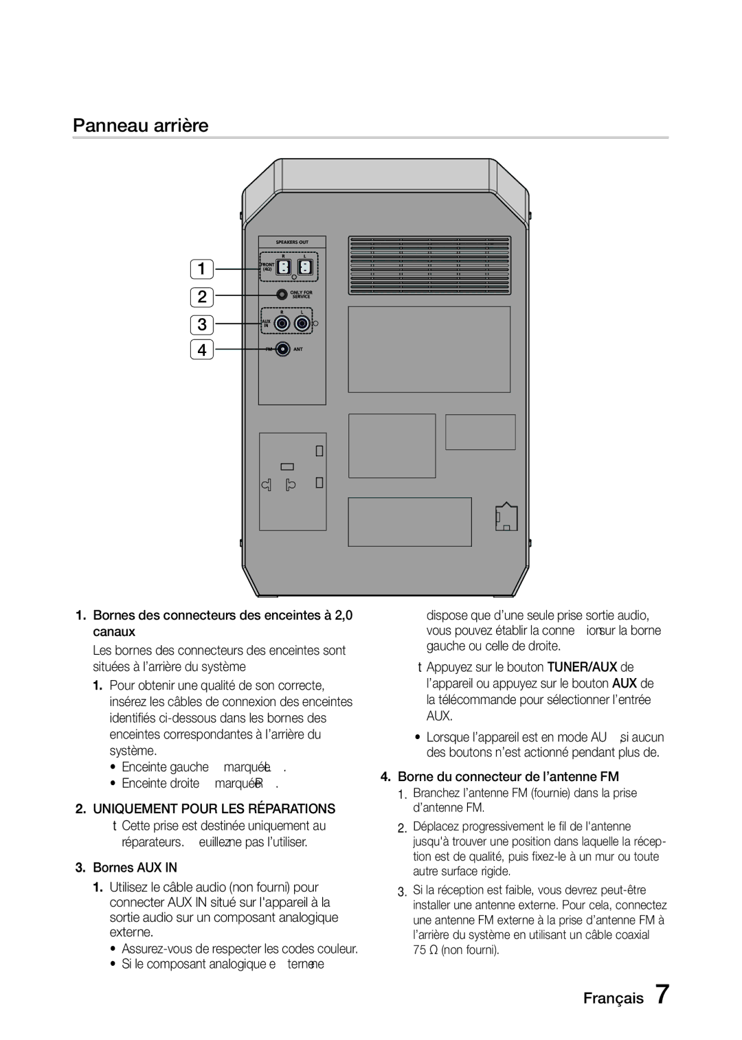 Samsung MX-J630/ZF Bornes des connecteurs des enceintes à 2,0 canaux, Enceinte gauche marquée L Enceinte droite marquée R 