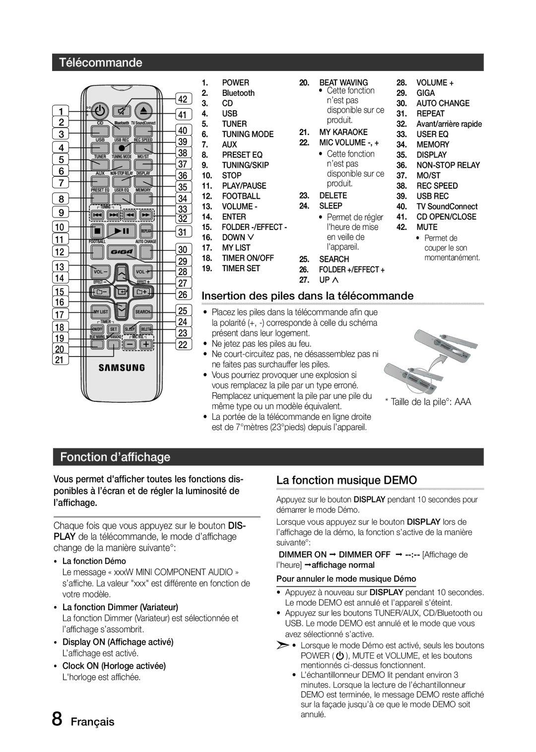 Samsung MX-J730/ZF, MX-J630/ZF manual Télécommande, Fonction d’affichage, La fonction musique Demo 