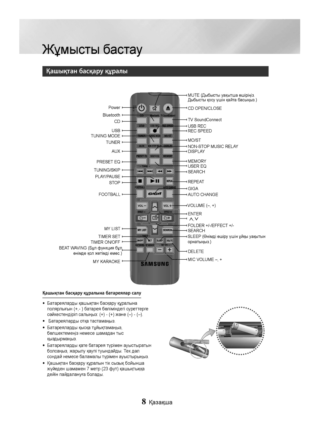 Samsung MX-JS5500/RU, MX-JS5000/RU manual Жұмысты бастау, Қашықтан басқару құралы, Play/Pause, Enter 