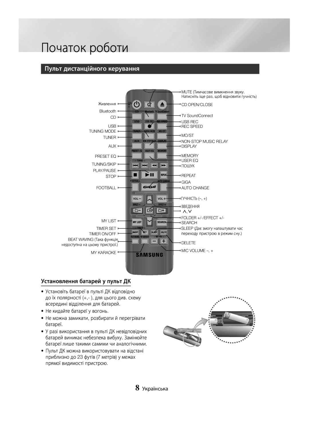 Samsung MX-JS5500/RU manual Початок роботи, Пульт дистанційного керування, Установлення батарей у пульт ДК, Пошук, Введення 