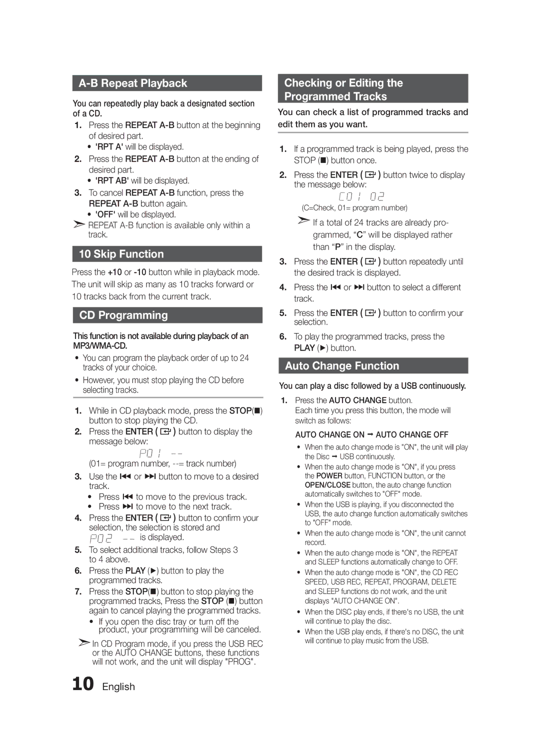 Samsung MXF630BZA user manual Repeat Playback, Skip Function, CD Programming, Checking or Editing Programmed Tracks 