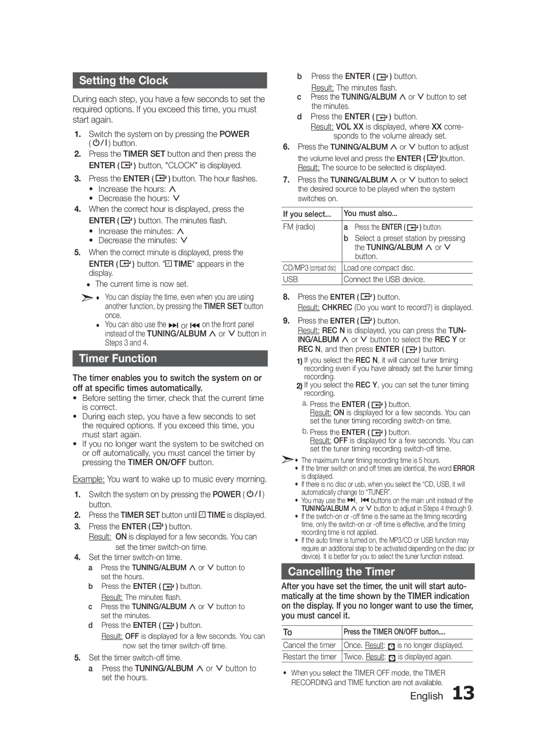 Samsung MXF630BZA user manual Setting the Clock, Timer Function, Cancelling the Timer, Usb 