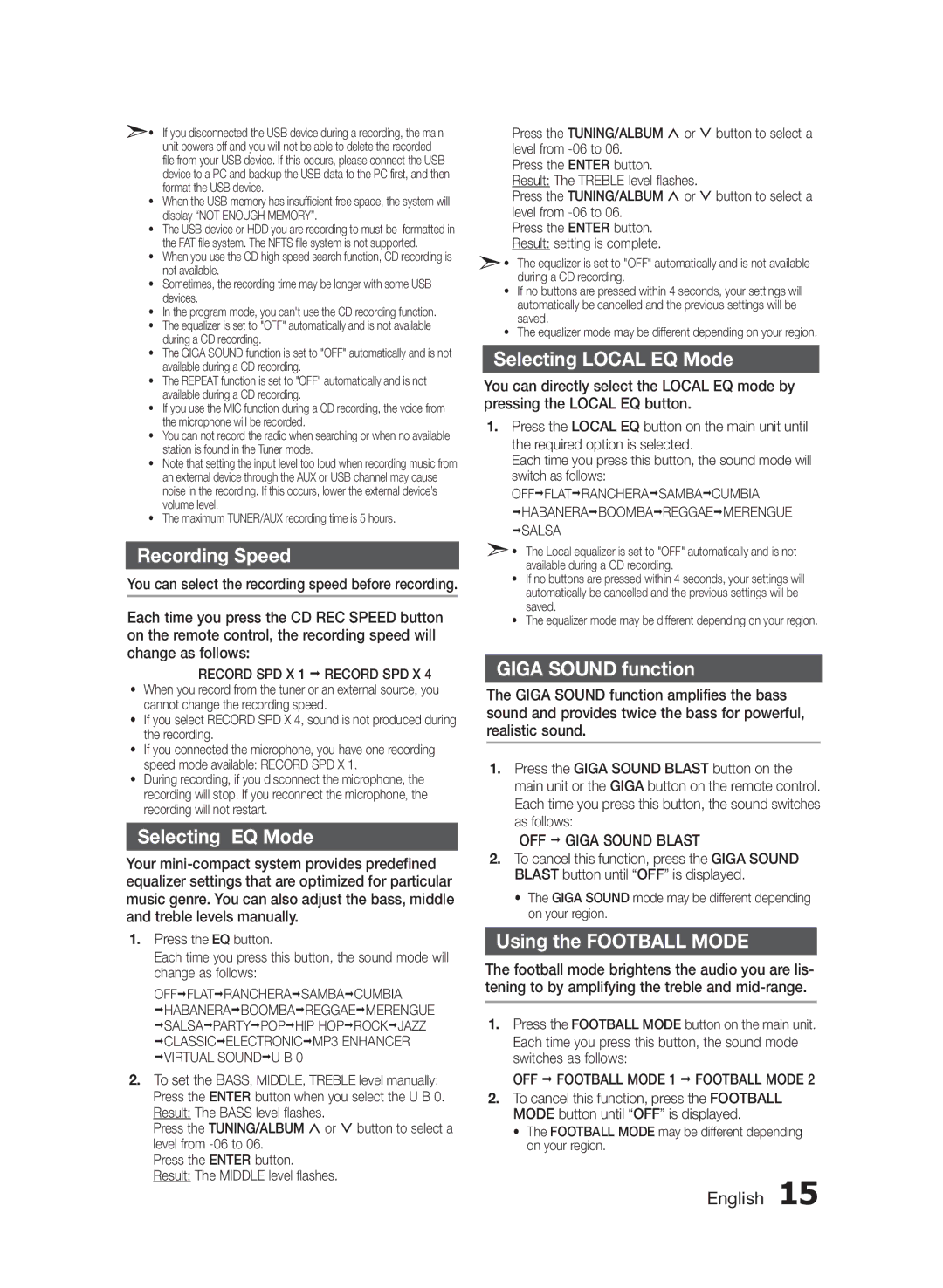 Samsung MXF630BZA user manual Recording Speed, Selecting EQ Mode, Selecting Local EQ Mode, Giga Sound function 