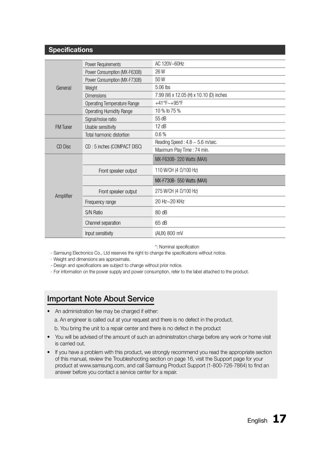 Samsung MXF630BZA user manual Specifications 