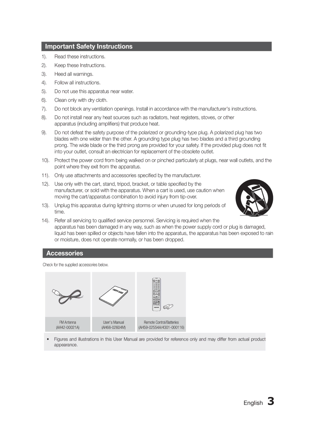 Samsung MXF630BZA user manual Important Safety Instructions, Accessories 