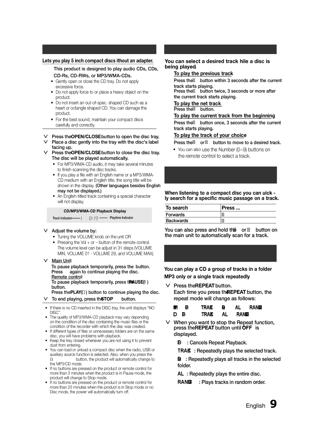 Samsung MXF630BZA user manual CD/MP3/WMA-CD Playback, Selecting a Track, Searching for a Specific Music Passage on a CD 