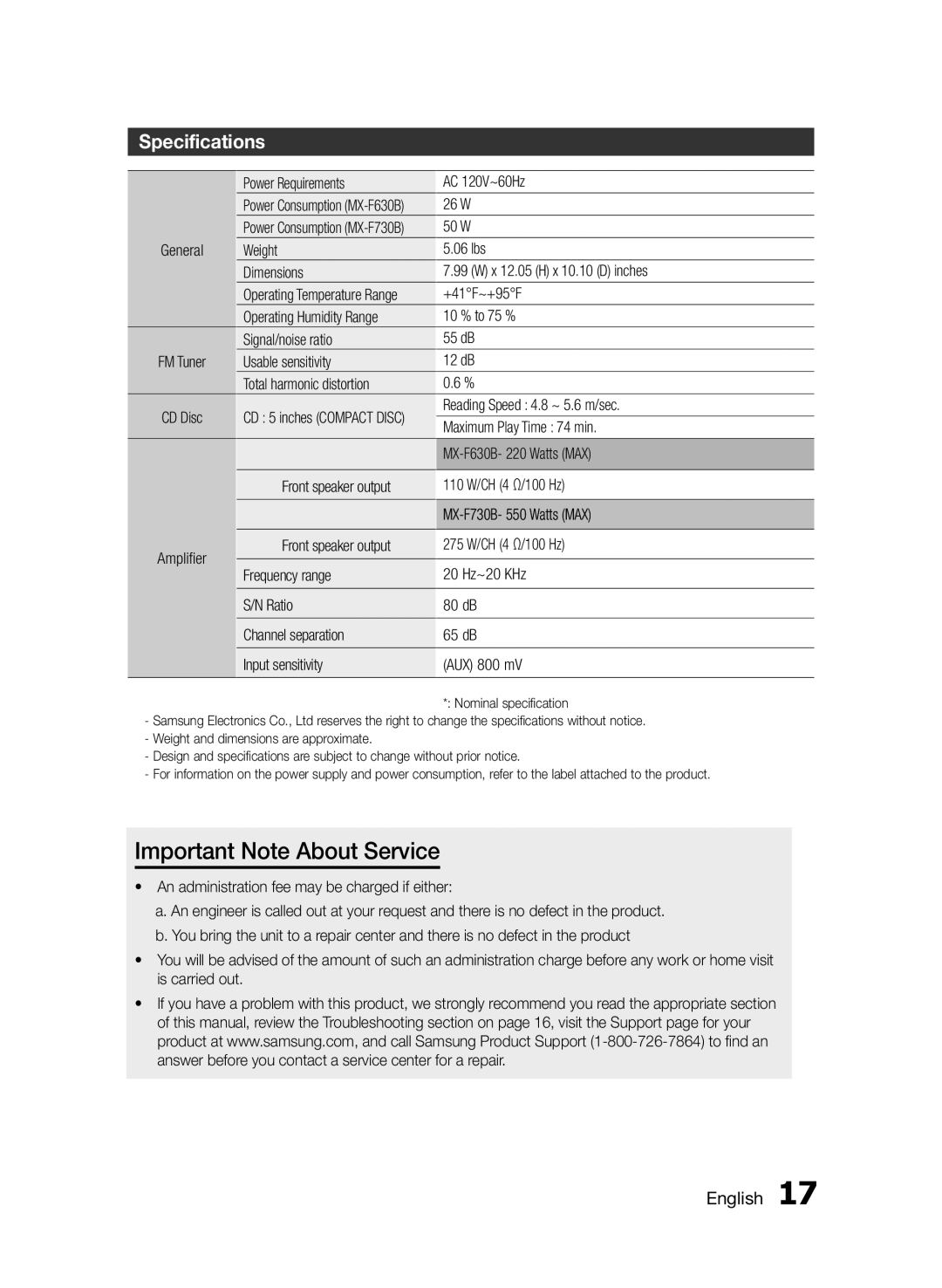 Samsung MXF630BZA user manual Important Note About Service, Specifications, English 