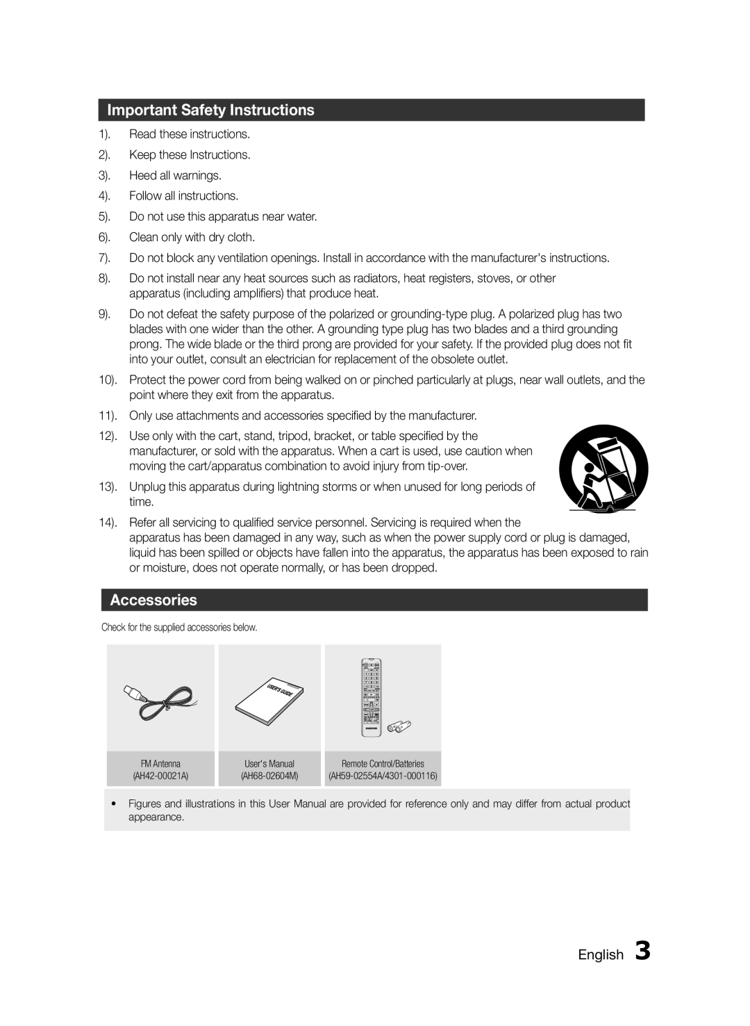Samsung MXF630BZA user manual Important Safety Instructions, Accessories, English 