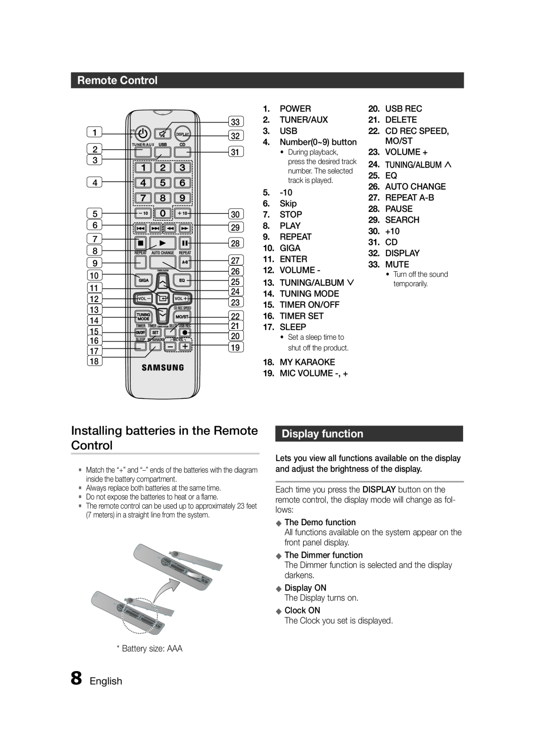 Samsung MXF630BZA user manual Installing batteries in the Remote Control, Display function, English 