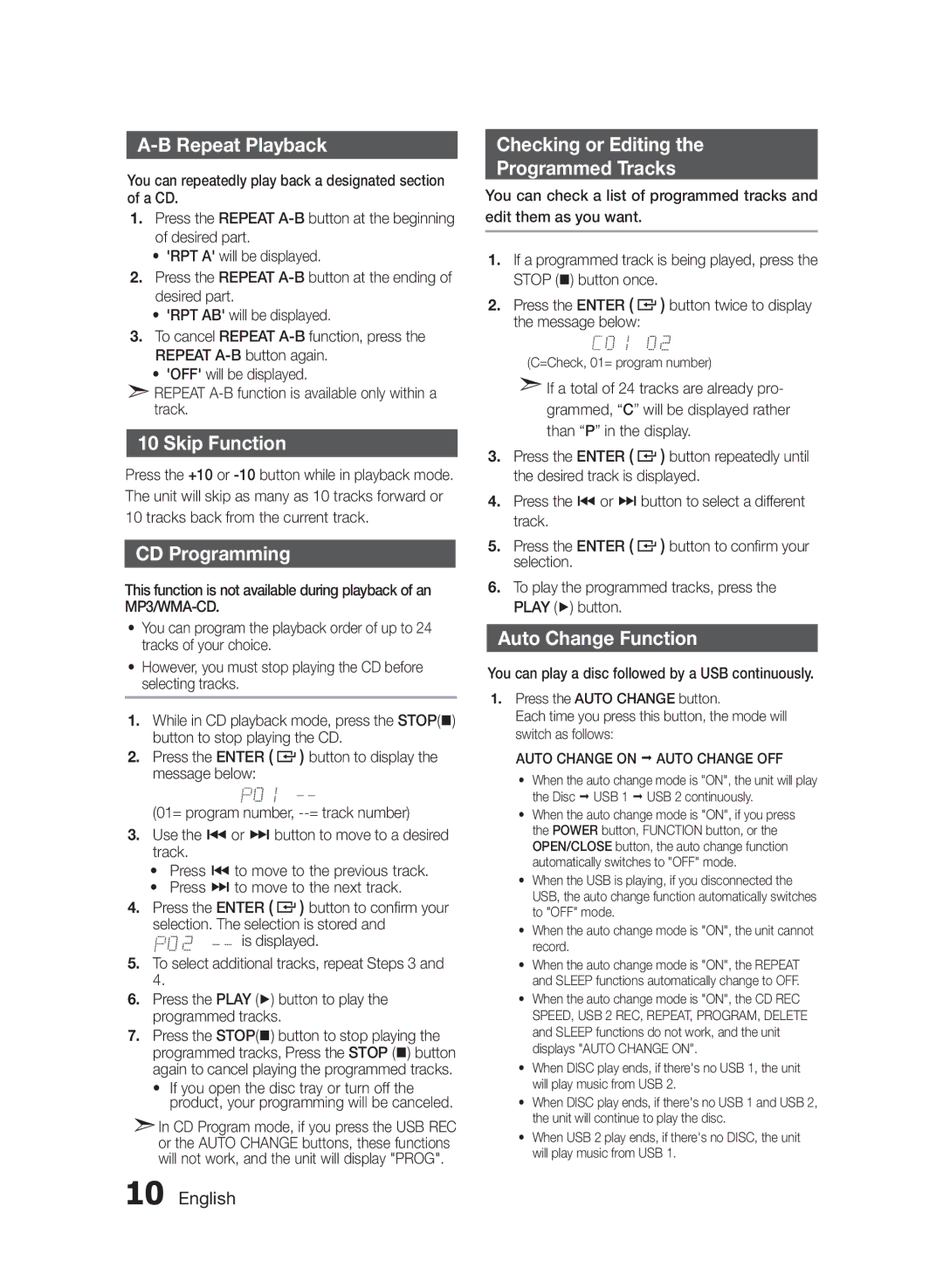 Samsung MXF830BZA user manual Repeat Playback, Skip Function, CD Programming, Checking or Editing Programmed Tracks 