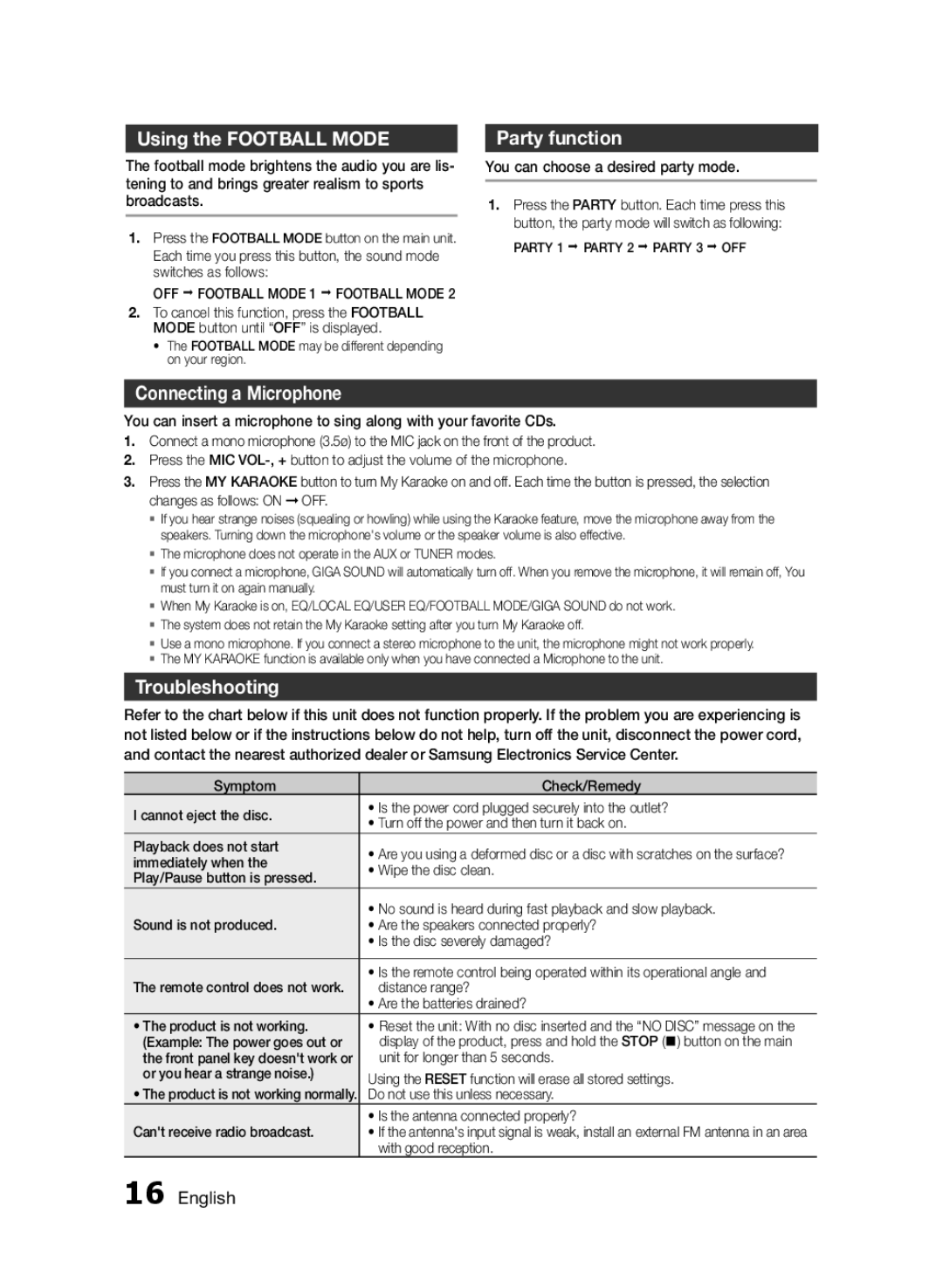 Samsung MXF830BZA user manual Using the Football Mode, Party function, Connecting a Microphone, Troubleshooting 