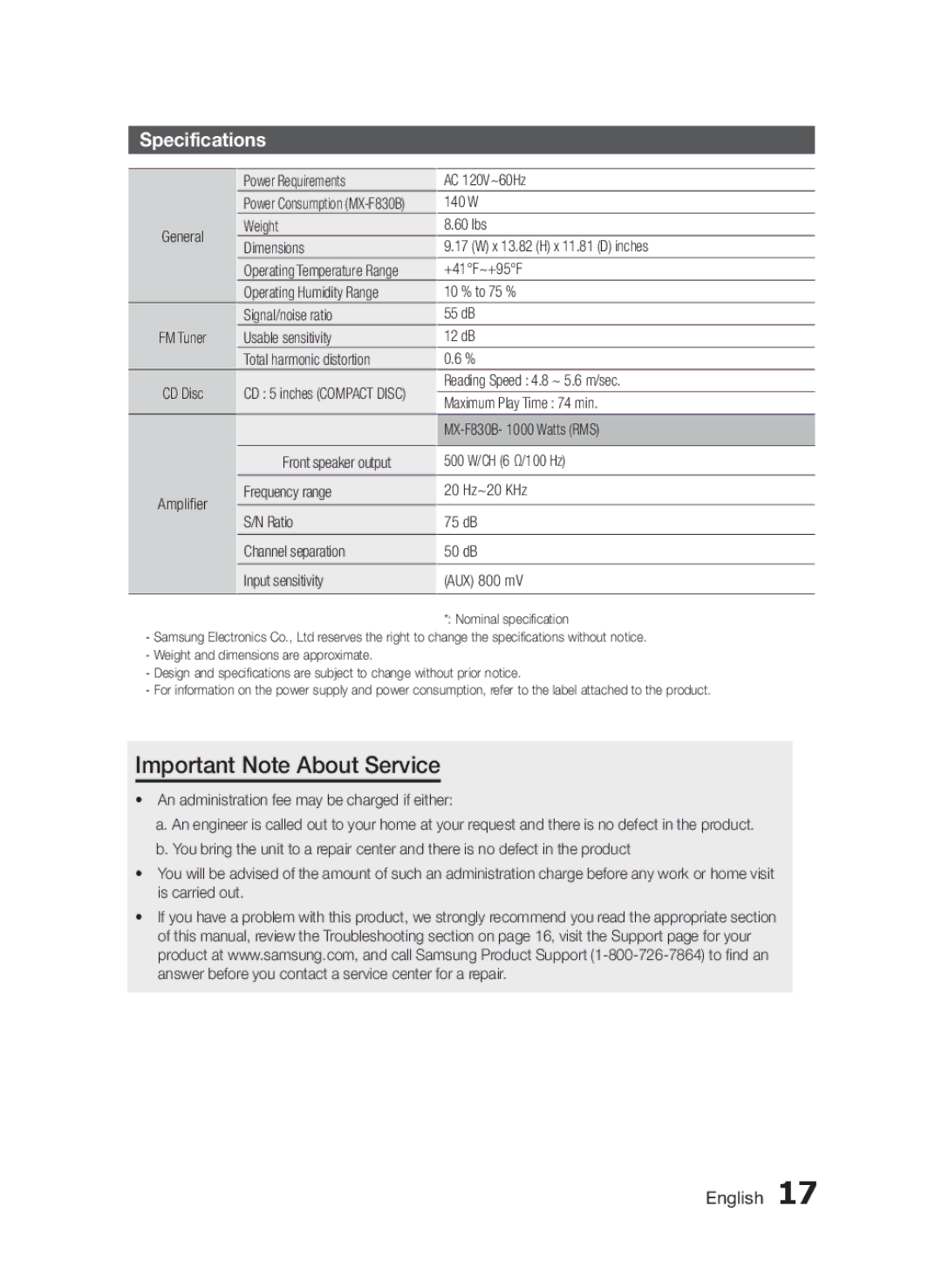 Samsung MXF830BZA user manual Specifications 