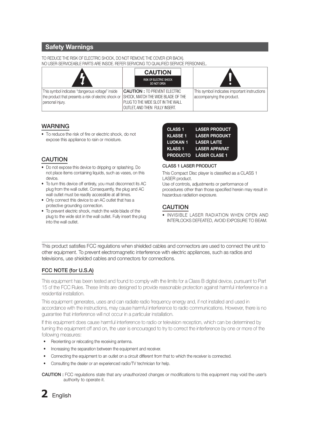 Samsung MXF830BZA user manual Safety Warnings, Accompanying the product, Personal injury, Class 1 Laser Product 