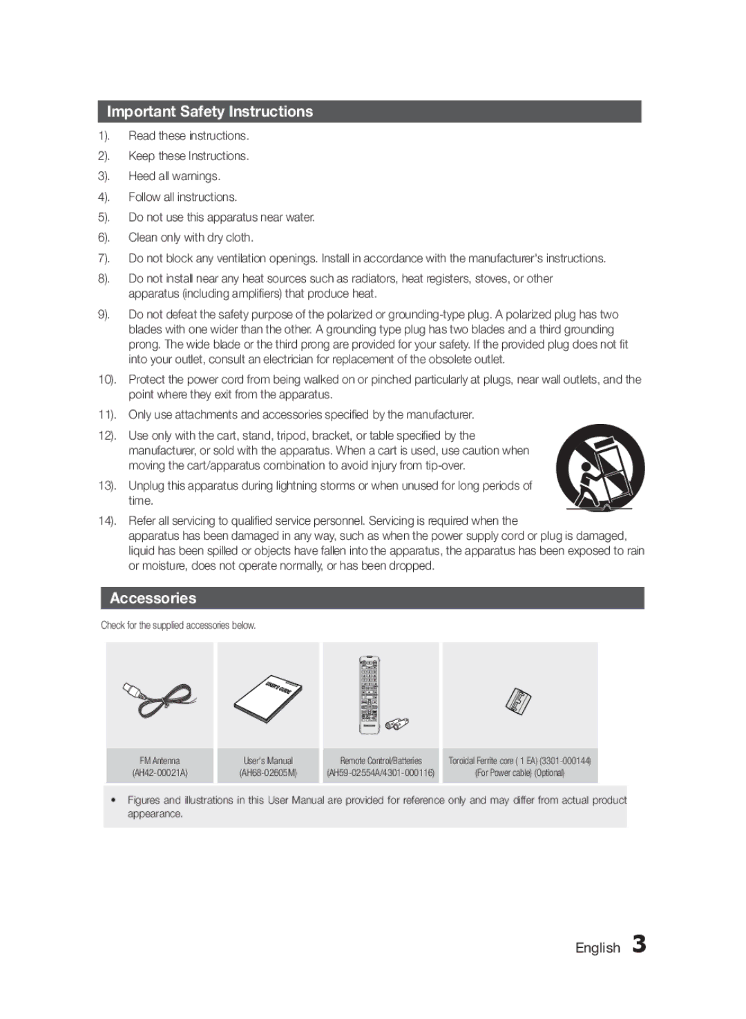 Samsung MXF830BZA user manual Important Safety Instructions, Accessories 