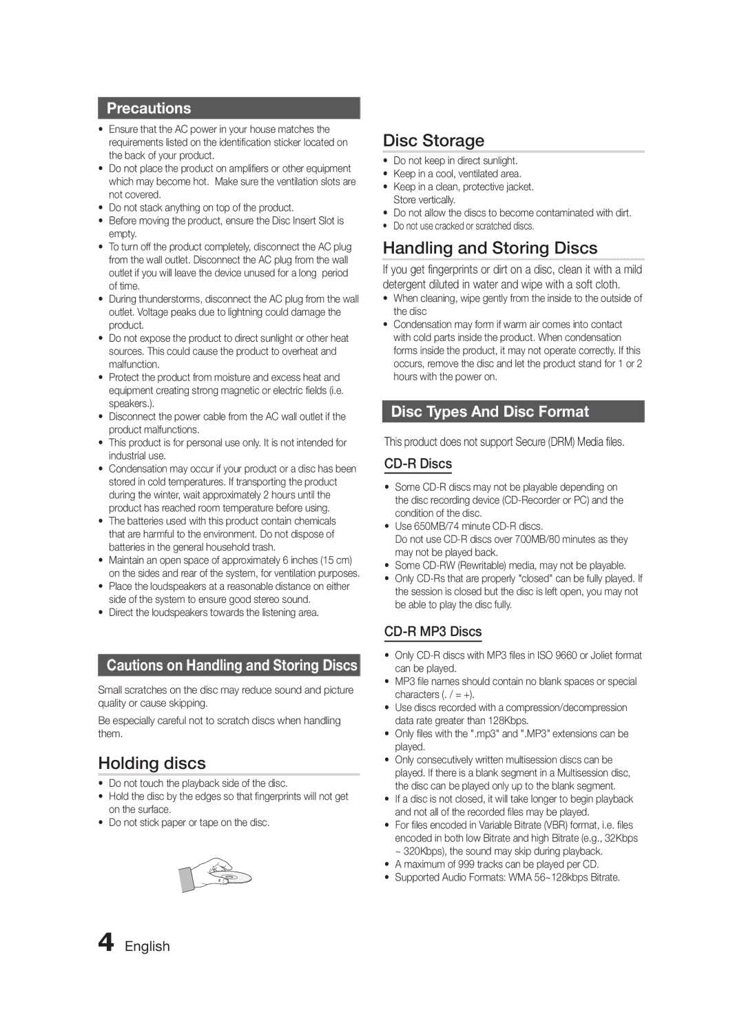 Samsung MXF830BZA user manual Precautions, Disc Types And Disc Format, This product does not support Secure DRM Media files 