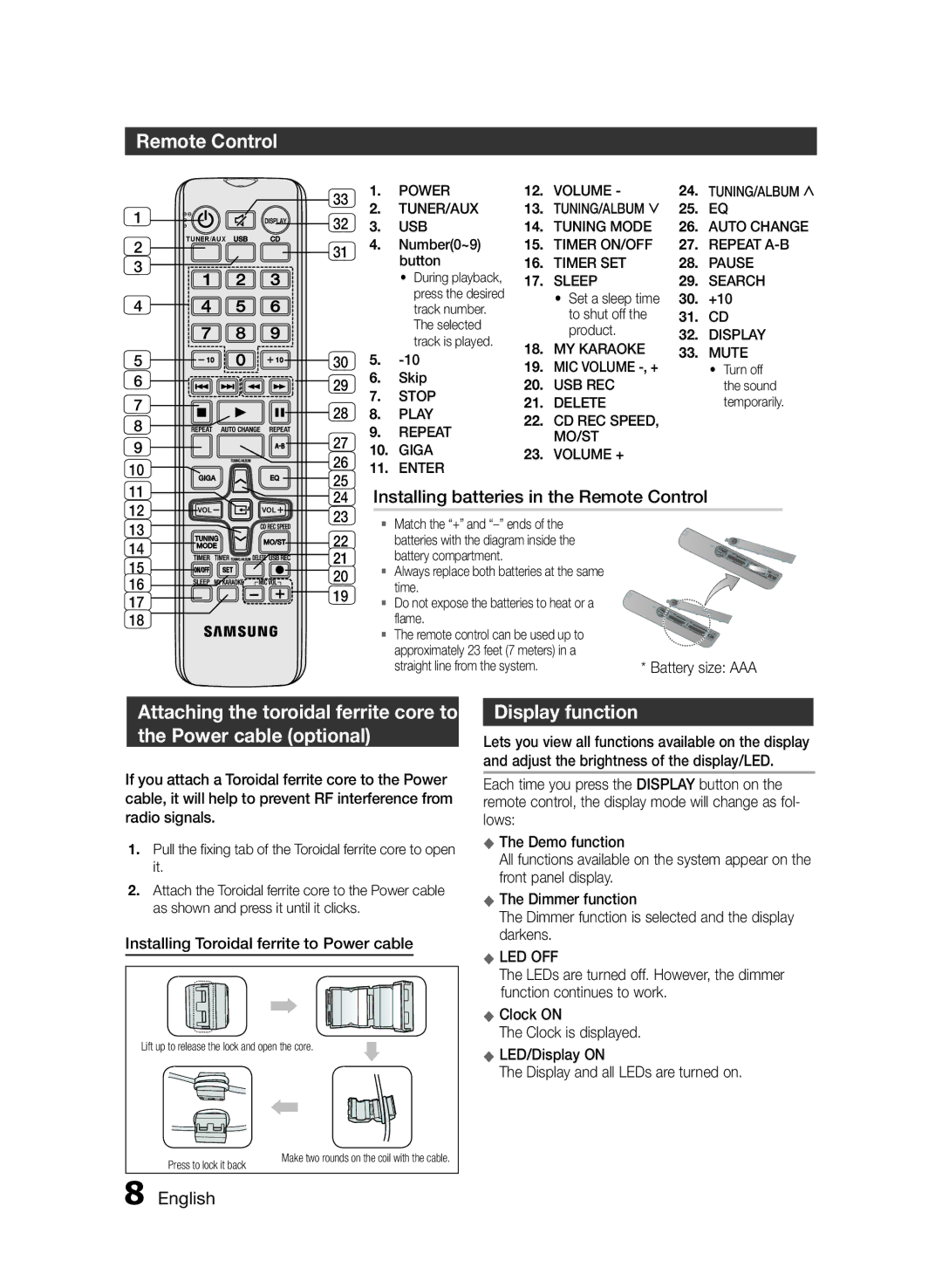 Samsung MXF830BZA user manual Remote Control, Attaching the toroidal ferrite core to Power cable optional, Display function 